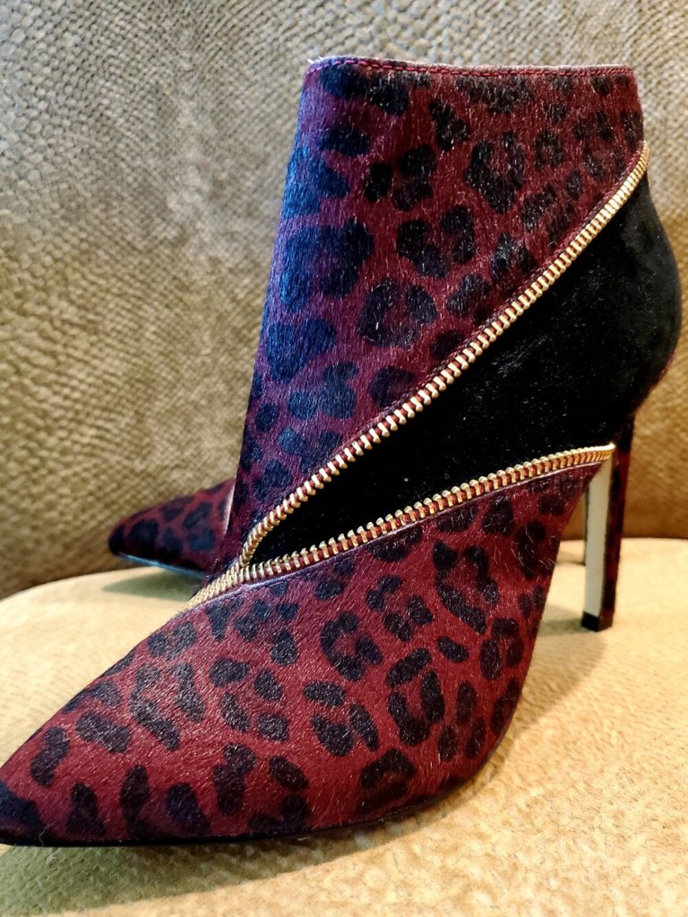 RENVY Darra Ox Blood Maroon Black Leopard Print Bootie Heeled Boot Sexy Runway